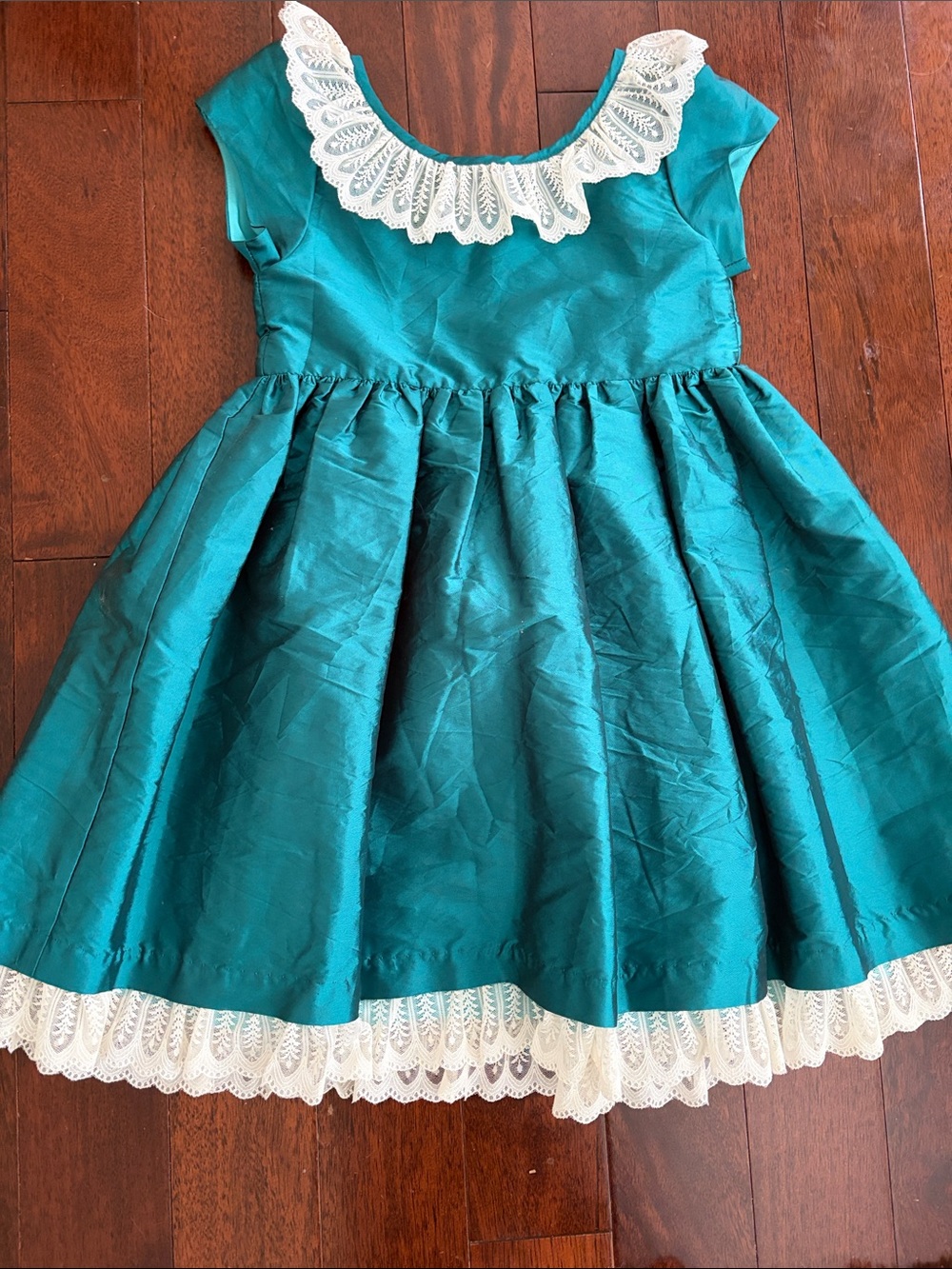 Vintage Laura Ashley Teal Taffeta Holiday Dress Lace Portrait Collar 6x